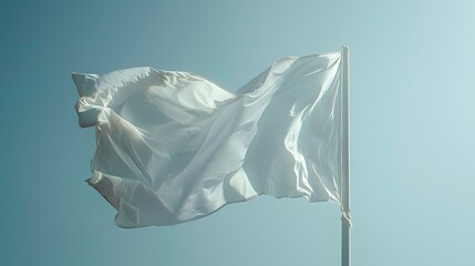 Obraz premium White flag on pole flying in wind, isolated on light blue background with copy space, detailed, natural light.