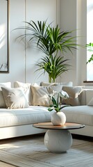 Modern Living Room with Cozy White Sofa and Indoor Plants