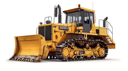 Detailed bulldozer with hydraulic system, isolated on white, construction equipment