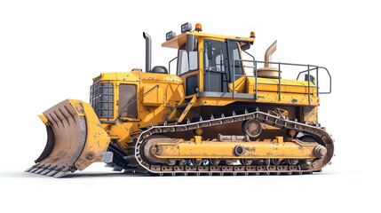 Detailed bulldozer with hydraulic system, isolated on white, construction equipment