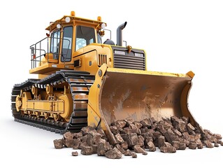 Detailed bulldozer with rock grapple, isolated on white background, construction equipment