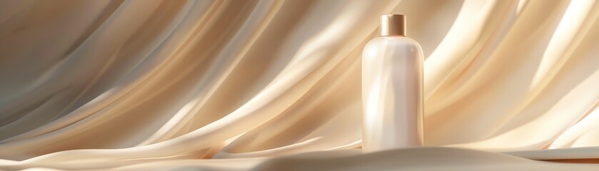 Elegant lotion bottle on silky fabric background, showcasing luxury and skincare. Perfect for beauty and cosmetic promotions.