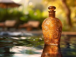 Elegant, ornate amber perfume bottle by the poolside with a serene background of lush greenery and a relaxing ambiance.
