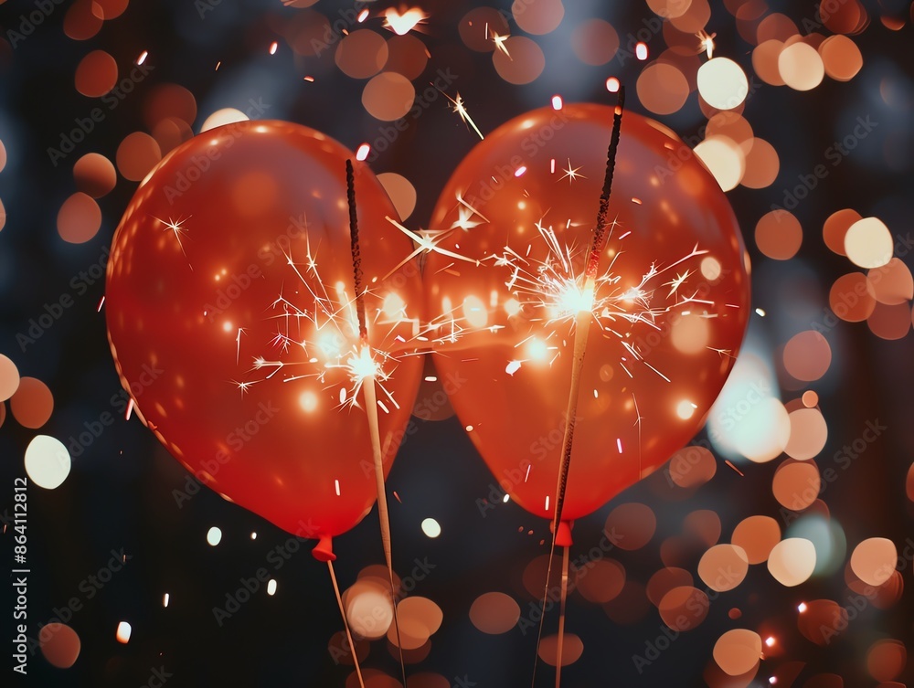 Aufkleber two red balloons with sparklers create a festive atmosphere against a background of warmly lit bokeh