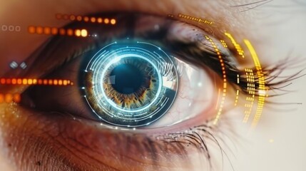 Close-up of an eye with digital targeting elements, symbolizing high-tech biometric identification.
