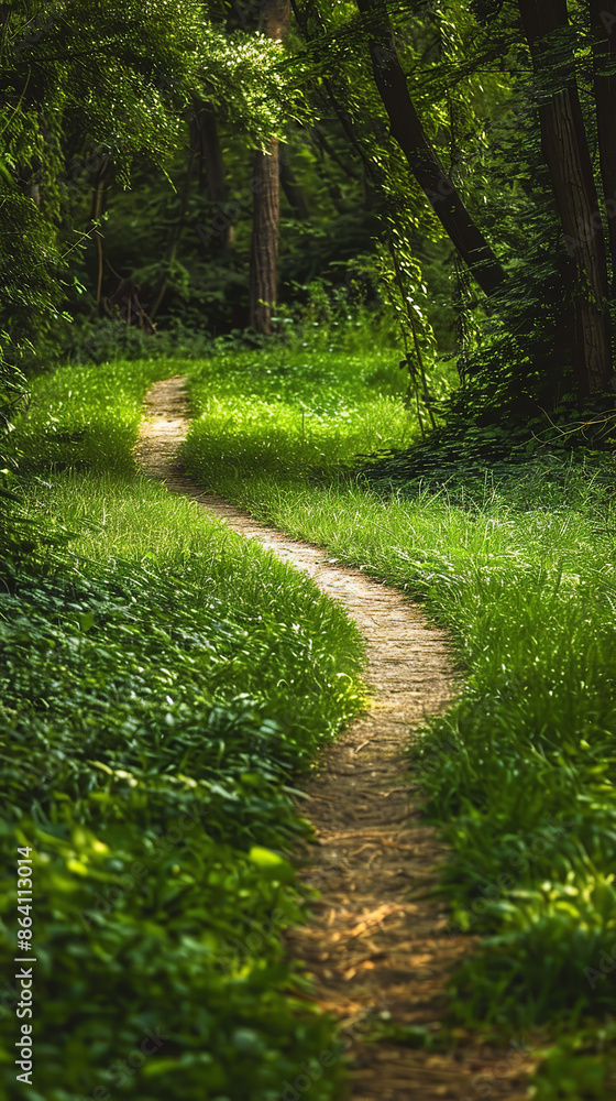 Sticker Inviting Pathway Through Forest With Fresh Green Grass  