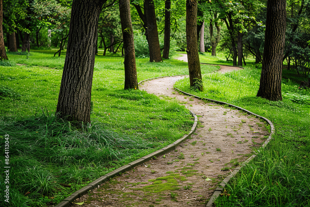 Sticker Inviting Pathway Through Forest With Fresh Green Grass  