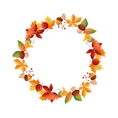 Autumn frame in circle shape on white isolated background. Leaves and mushrooms.