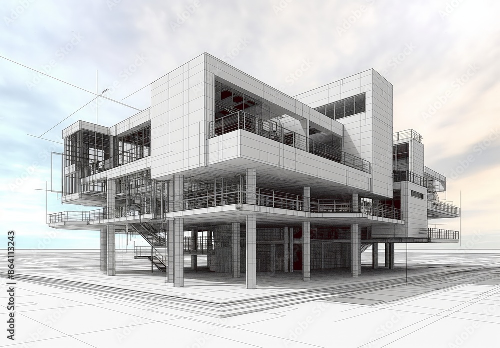 Poster Industrial building wireframe rendering with architectural and construction details
