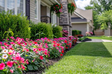 Neatly Trimmed Lawn with Colorful Flowers on a Sunny Suburban Day  