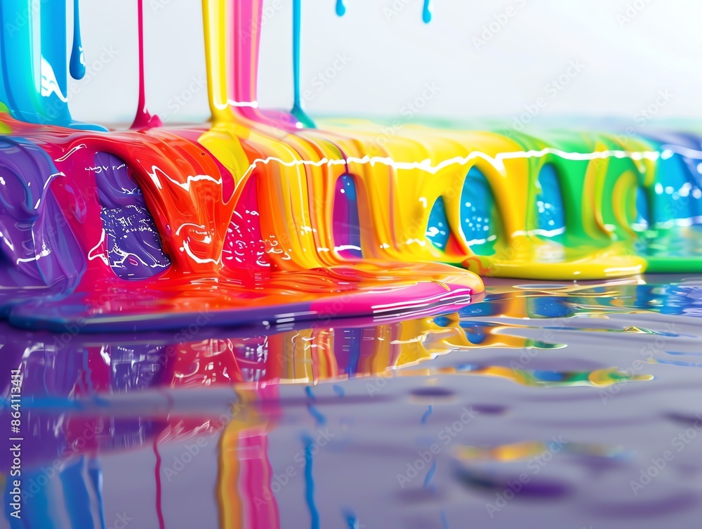 Poster vibrant rainbow-colored paint flowing and mixing on a glossy surface, creating a stunning abstract v