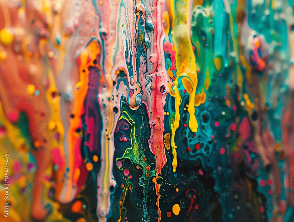 Poster vivid abstract painting with colorful drips and flowing patterns, showcasing a vibrant mix of colors