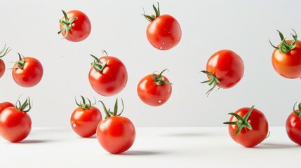 Tomatoes falling in the air on white background