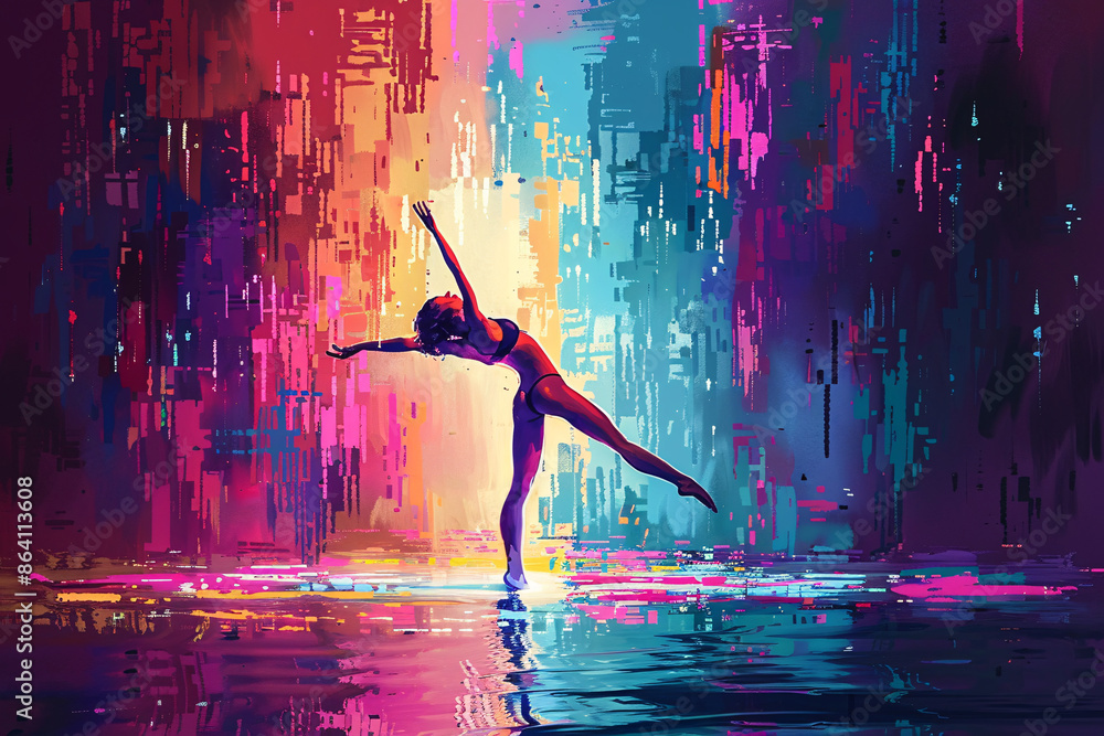 Poster silhouette of a dancer performing with an abstract neon-colored background creating a dynamic scene