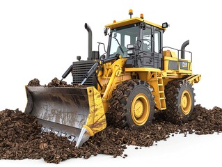 Compact bulldozer with landfill blade, isolated on white, waste management equipment