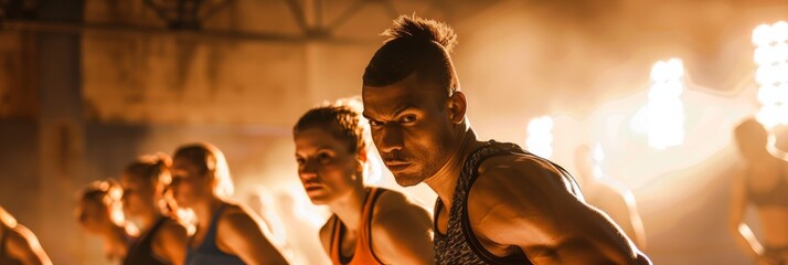A group of people participate in a high-intensity interval training workout in a modern fitness studio