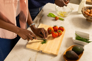 At home, Chopping herbs on cutting board, woman preparing meal with man whisking eggs