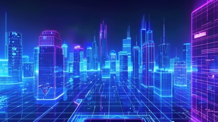 Fototapeta premium A vibrant digital cityscape with neon blue and purple lines outlining the skyscrapers against a dark blue sky. 