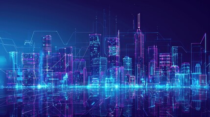 Fototapeta premium Futuristic digital cityscape featuring neon blue and purple outlined buildings under a dark blue sky, highlighting a modern metropolis. 