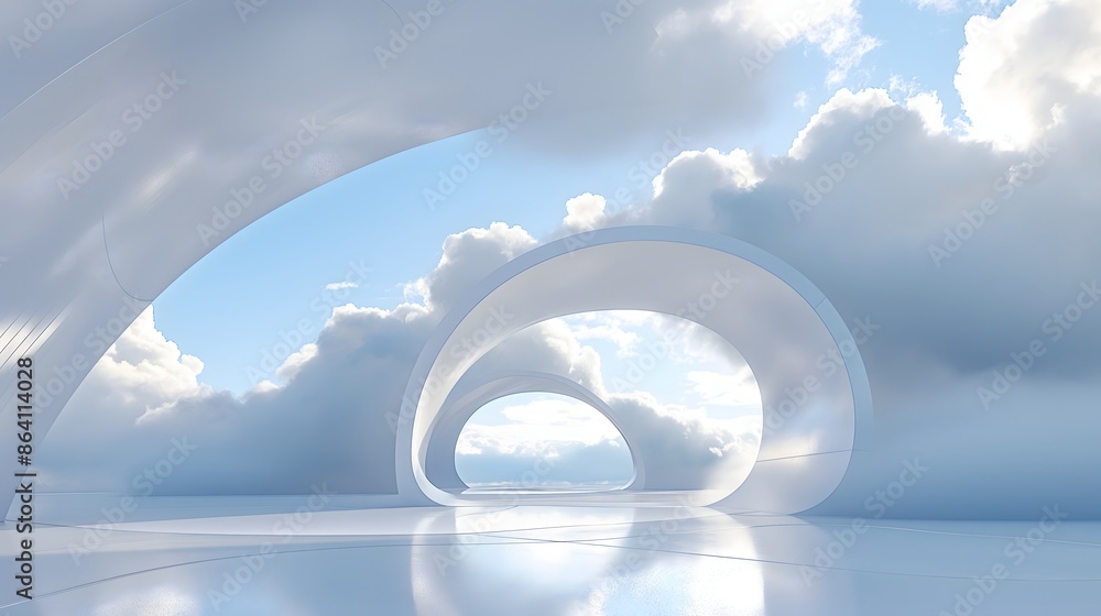 Poster 2. design a futuristic 3d scene with a sleek, monochromatic backdrop and a tunnel releasing dynamic 