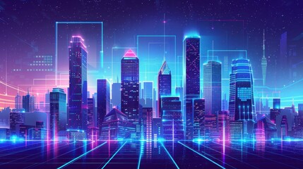 Naklejka premium Digital city with neon blue and purple wireframe buildings, creating a futuristic skyline under a dark blue sky. 