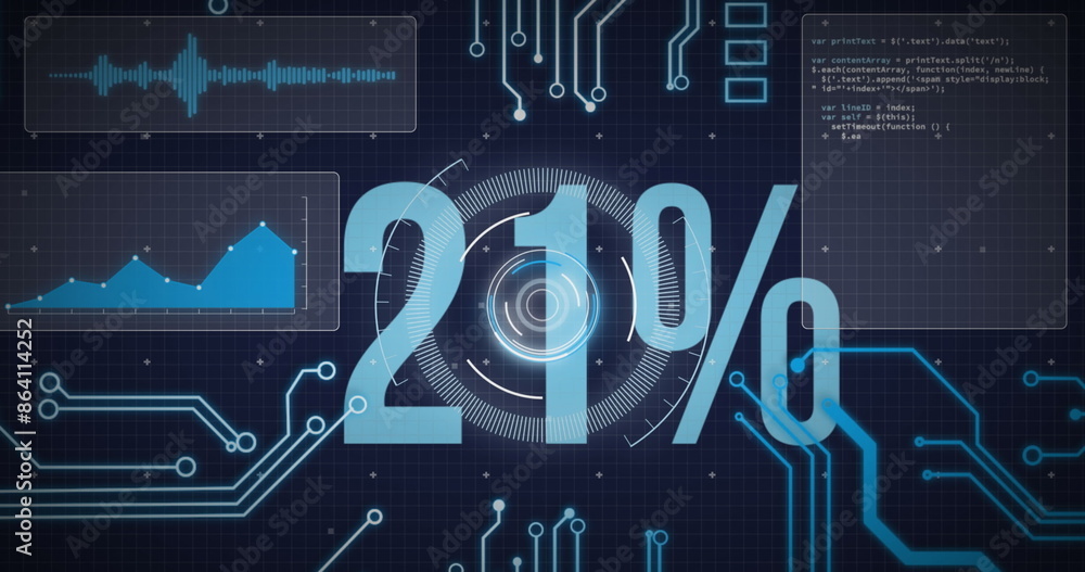 Poster image of increasing percentage over interface with data processing against blue background