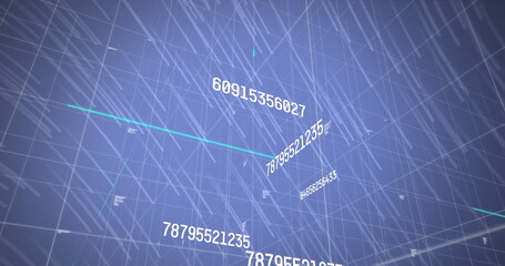 Image of data processing and grid on blue background