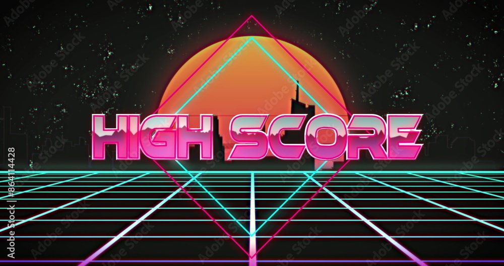 Poster image of high score text banner over grid network in seamless pattern against cityscape
