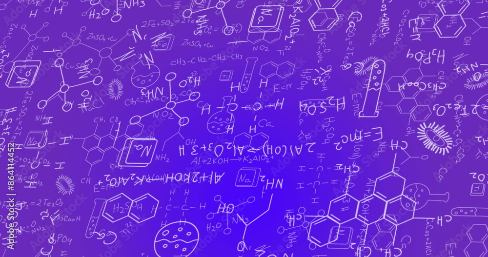 Poster image of science concept icons and mathematical equations against blue gradient background