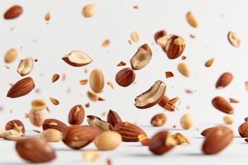 Nuts falling in the air on white background