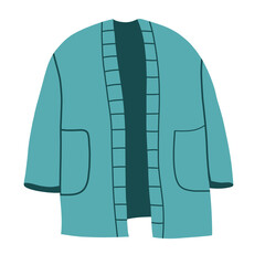 Knitted cardigan, warm fashion clothes. Casual winter apparel with pockets. Women wearing for autumn season, cold weather. Modern garment. Flat  illustration isolated on white background