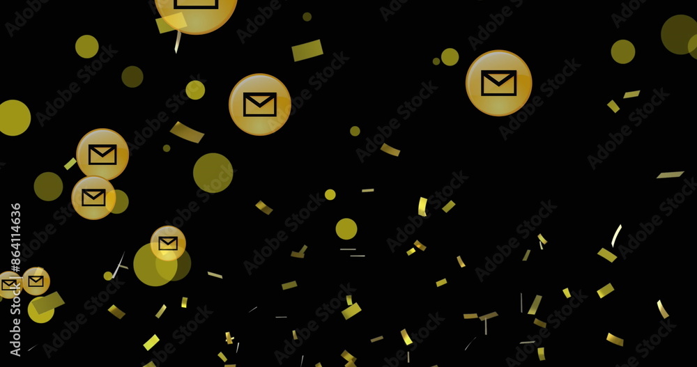 Poster Image of yellow spots and golden coffetti falling over multiple message icons floating