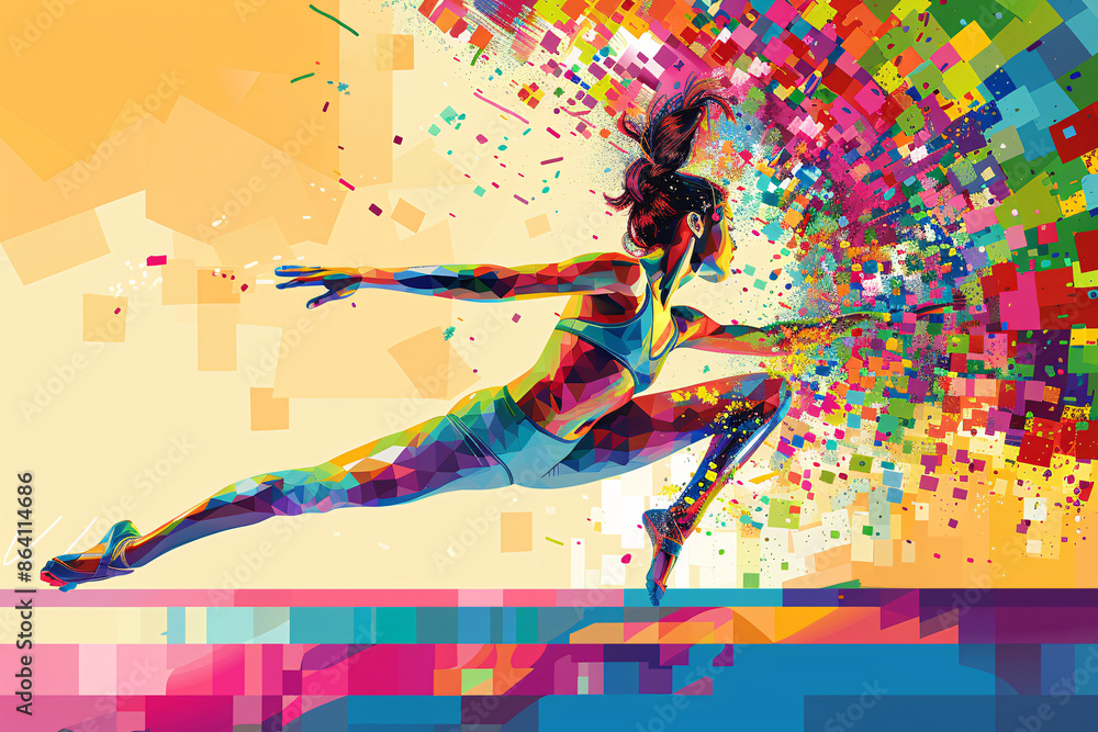 Poster a dancer in mid-leap surrounded by an explosion of colorful squares and abstract patterns capturing 