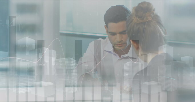 Image of statistical data processing over diverse man and woman shaking hands at office