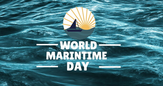 Fototapeta Image of world maritime day text and icons over sea