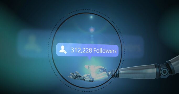 Image of robot arm holding followers notification with person icon and increasing numbers