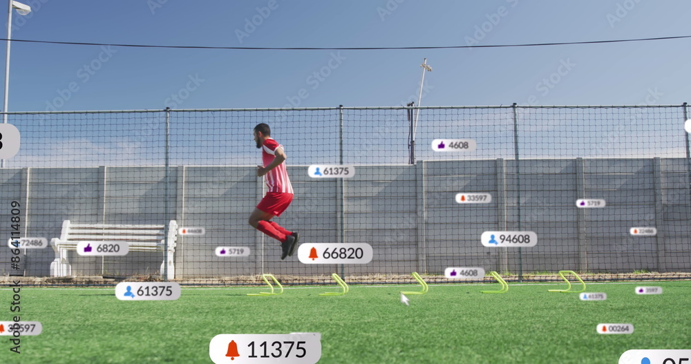 Poster image of multiple notification bars over biracial soccer player doing jumping drill before match