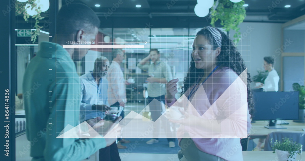 Aufkleber image of graphs and loading bar, diverse coworkers discussing while drinking beverage in office
