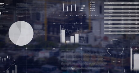 Image of infographic interface over modern cityscape in background