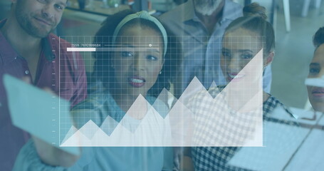 Image of graphs, loading bar, diverse coworkers discussing strategy on sticky notes