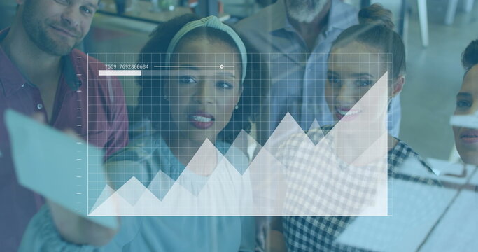 Image of graphs, loading bar, diverse coworkers discussing strategy on sticky notes