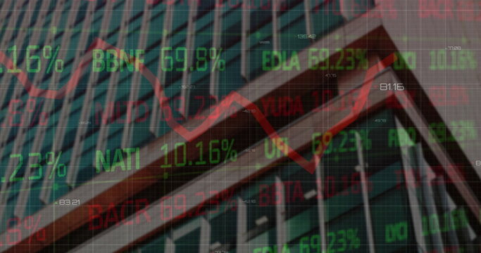 Image of graphs and trading board over low angle view of building against sky