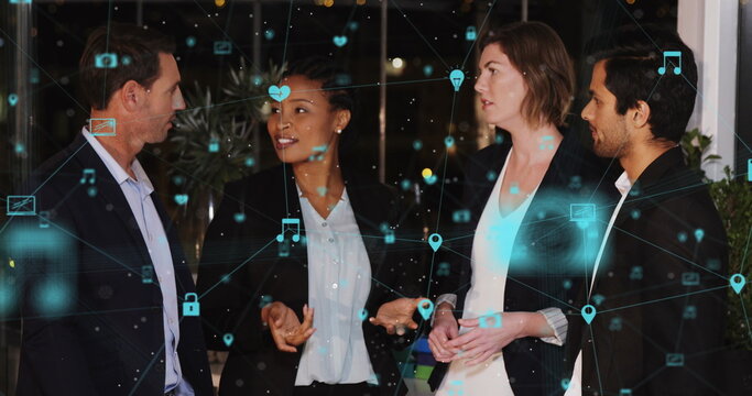 Image icons connected with lines over diverse coworkers smiling and talking in office