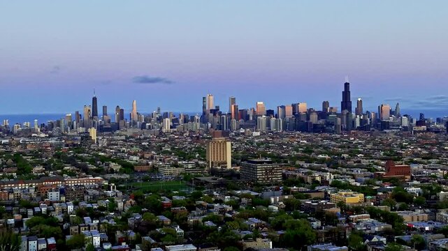 Aerial view over the Humbolt Park district, toward downtown Chicago, sunrise