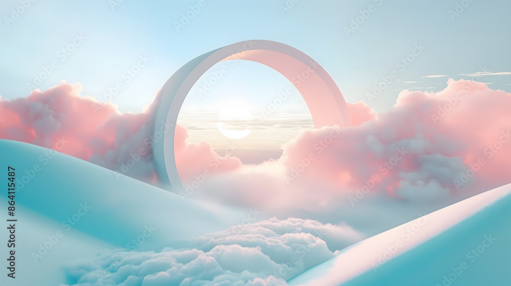 Poster 1. create a serene 3d render of an abstract, minimalistic landscape with a soft gradient background,