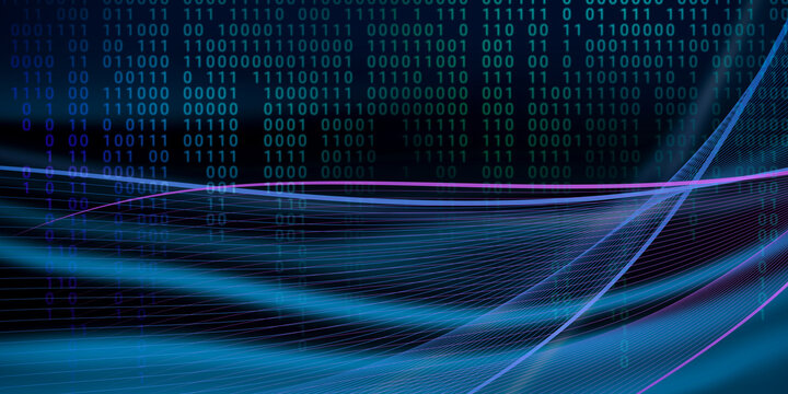Artificial intelligence, big data, digital technology. Abstract binary background with 0 and 1 and blue-green wave lines for presentations, web design on technology information theme