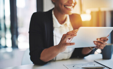 Hands, tablet and smile with business woman at work in office for law firm or case research....