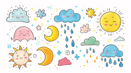 Obraz premium Freehand kawaii doodles of weather elements like rain and sun on white background