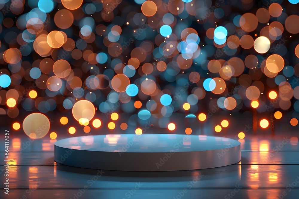 Poster illuminated stage with colorful bokeh lights in the background