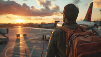 In den Urlaub als Bagpacker verreisen Fernweh Motiv von Person am Flughafen mit Blick in die Ferne Generative AI